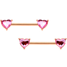 Load image into Gallery viewer, 14G Pink Gem Rose Gold Tone Heart BCR Barbell Nipple Ring Set
