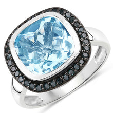 Load image into Gallery viewer, 5.23 Carat Genuine Swiss Blue Topaz and Black Diamond .925 Sterling Silver Ring