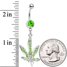 Load image into Gallery viewer, Green Gem 420 Somewhere Marijuana Dangle Belly Ring