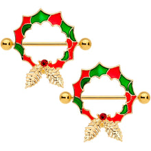 Load image into Gallery viewer, 14G 25mm Red Gem Gold Tone Happy Holiday Wreath Nipple Shield Set