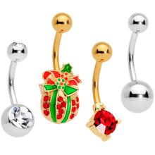 Load image into Gallery viewer, Clear Gem Gold Tone Red Holiday Gift Ornament Belly Ring Set of 4