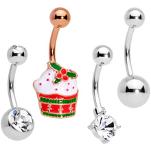 Load image into Gallery viewer, Clear Gem Rose Gold Tone Red Holiday Cupcake Belly Ring Set of 4