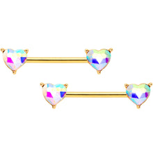 Load image into Gallery viewer, 14G Aurora Heart Gem Gold Tone BCR Barbell Nipple Ring Set