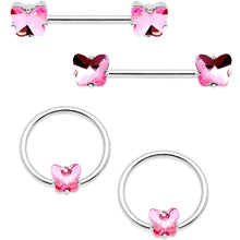 Load image into Gallery viewer, 14G 9/16 1/2 Pink Butterfly Gem BCR Barbell Nipple Ring Set