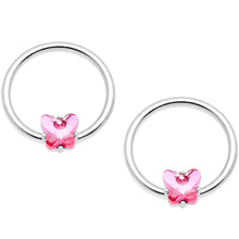 Load image into Gallery viewer, 14G 9/16 1/2 Pink Butterfly Gem BCR Barbell Nipple Ring Set