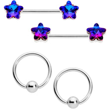 Load image into Gallery viewer, 14G 9/16 1/2 Purple Blue Star BCR Barbell Nipple Ring Set