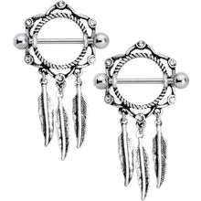 Load image into Gallery viewer, 14G 9/16 Clear Gem Lotus Flower Feather Dangle Nipple Shield Set