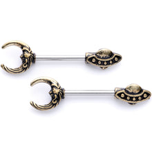 Load image into Gallery viewer, 14G 9/16 Crescent Moon Space Ship UFO Barbell Nipple Ring Set