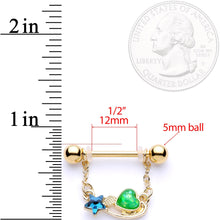 Load image into Gallery viewer, 5/8 Blue Green Gem Gold Tone Star Heart Dangle Barbell Nipple Ring Set