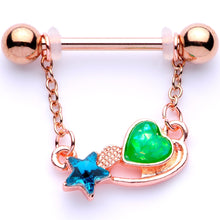 Load image into Gallery viewer, Blue Green Gem Rose Gold Tone Star Heart Dangle Barbell Nipple Ring Set