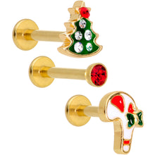 Load image into Gallery viewer, 16G 5/16 Gem Gold Tone Holiday Cartilage Tragus Earring Set of 3