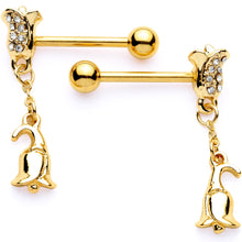 Load image into Gallery viewer, 14G 5/8 Clear Gem Gold Tone Tulip Flower Dangle Barbell Nipple Ring Set