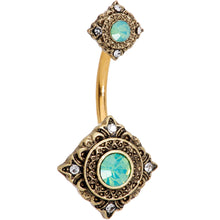Load image into Gallery viewer, Green Faux Opal Clear Gem Gold Tone Rhombus Double Mount Belly Ring