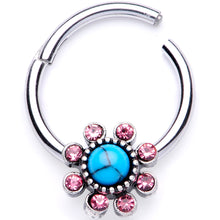 Load image into Gallery viewer, 16G 3/8 Pink Gem Faux Turquoise Flower Hinged Segment Ring