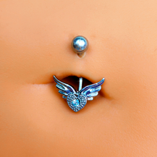 Load image into Gallery viewer, Aqua Gem Valentines Day Winged Heart Belly Ring Set of 4