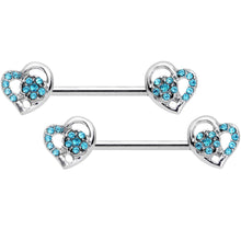 Load image into Gallery viewer, 14G 9/16 5/16 Aqua Gem Hearts BCR Barbell Nipple Ring Set
