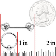 Load image into Gallery viewer, 14G 9/16 5/16 Clear Gem Hearts BCR Barbell Nipple Ring Set