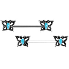 Load image into Gallery viewer, 14G Faux Turquoise Butterfly BCR Barbell Nipple Ring Set of 4