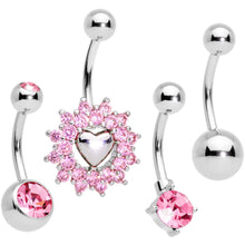 Load image into Gallery viewer, Pink Gem Valentines Day Sunburst Heart Belly Ring Set of 4