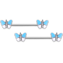 Load image into Gallery viewer, 14G Blue White Inlay Butterfly BCR Barbell Nipple Ring Set of 4