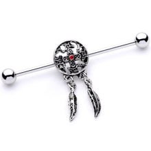 Load image into Gallery viewer, 14G Red Gem Cross and Feather Dangle Industrial Barbell 38mm