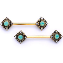 Load image into Gallery viewer, 14G 9/16 Clear Gem Green Faux Opal Gold Tone Barbell Nipple Set