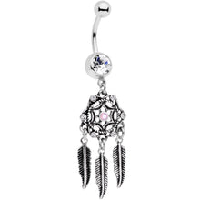 Load image into Gallery viewer, Clear Gem Pink Faux Opal Feather Dreamcatcher Dangle Belly Ring