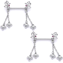 Load image into Gallery viewer, 9/16 Pink Gem Butterfly Dangle Barbell Nipple Ring Set