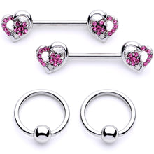 Load image into Gallery viewer, 14G 9/16 1/2 Pink Gem Floral Hearts BCR Barbell Nipple Ring Set