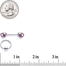 Load image into Gallery viewer, 14G 9/16 1/2 Pink Gem Floral Hearts BCR Barbell Nipple Ring Set