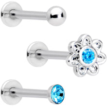 Load image into Gallery viewer, 16G Blue Gem Flower Internally Threaded Labret Set of 3