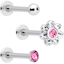 Load image into Gallery viewer, 16G Pink Gem Flower Internally Threaded Labret Set of 3