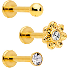 Load image into Gallery viewer, 16G Clear Gem Gold Tone Internally Threaded Rose Flower Labret Set