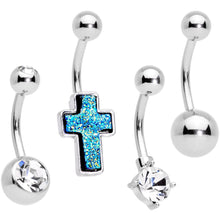 Load image into Gallery viewer, Clear Gem Blue Faux Druzy Cross Belly Ring Set of 4