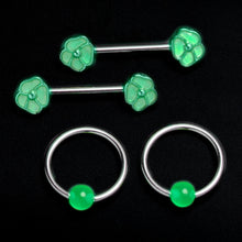 Load image into Gallery viewer, 14G 9/16 1/2 Pink Flower Glow BCR Barbell Nipple Ring Set