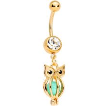 Load image into Gallery viewer, Black Clear Gem Gold Tone Glow in the Dark Owl Dangle Belly Ring
