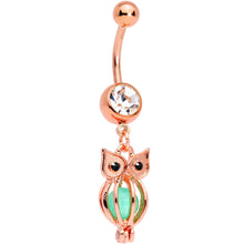 Load image into Gallery viewer, Black Clear Gem Rose Gold Tone Glow in the Dark Owl Dangle Belly Ring