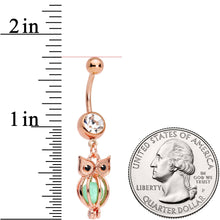 Load image into Gallery viewer, Black Clear Gem Rose Gold Tone Glow in the Dark Owl Dangle Belly Ring