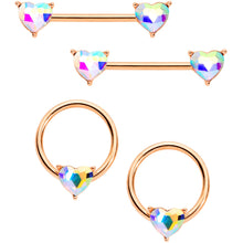 Load image into Gallery viewer, 14G Aurora Gem Rose Gold Tone Heart BCR Barbell Nipple Ring Set
