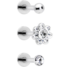Load image into Gallery viewer, 16G 5/16 Clear Gem Flower Top Labret Tragus Set of Three