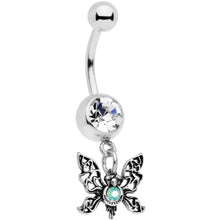Load image into Gallery viewer, Clear Gem Green Faux Opal Butterfly Dangle Belly Ring