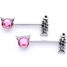 Load image into Gallery viewer, 14G 9/16 Pink Black Gem Hungry Kitty Cat Barbell Nipple Ring Set