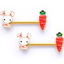 Load image into Gallery viewer, 14G 9/16 Gold Tone Carrot Easter Bunny Barbell Nipple Ring Set