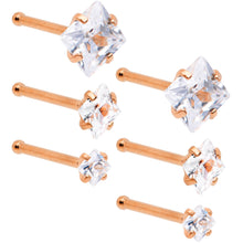 Load image into Gallery viewer, 20G 1/4 Clear Square Gem Rose Gold Tone Nose Bone Set of 6
