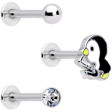 Load image into Gallery viewer, 16G 5/16 Clear Gem Winter Penguin Labret Monroe Tragus Set of 3