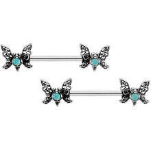 Load image into Gallery viewer, 14G 9/16 Green Faux Opal Lacy Butterfly Barbell Nipple Ring Set