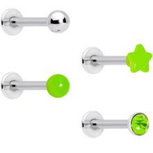 Load image into Gallery viewer, 16G 3/8 Green Gem Star Glow Internally Threaded Labret Set of 4