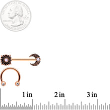 Load image into Gallery viewer, 14G White Faux Opal Rose Gold Tone Sun Moon Nipple Ring Set of 4