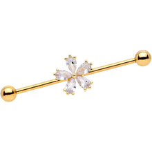 Load image into Gallery viewer, 14G Clear CZ Gem Gold Tone Perfect Petals Flower Industrial Barbell 38mm