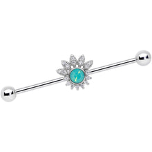 Load image into Gallery viewer, 14G Clear CZ Gem Green Faux Opal Diadem Industrial Barbell 38mm